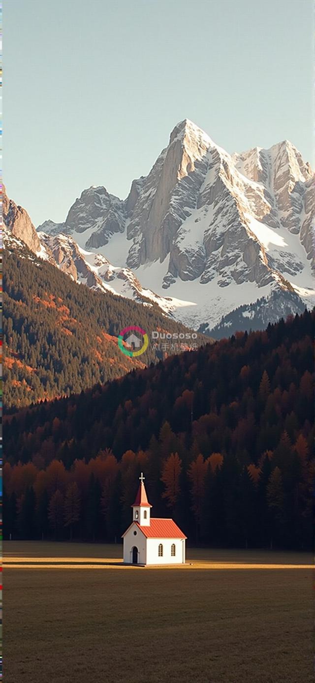 金晖下红顶白教堂：宁静草场与壮丽雪峰的和谐画面