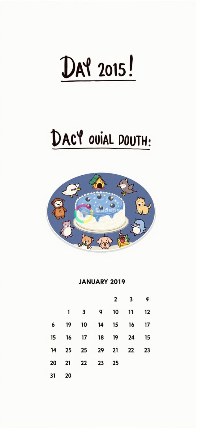 2019年1月趣味插画数字日历页：卡通动物与蓝莓蛋糕盛宴