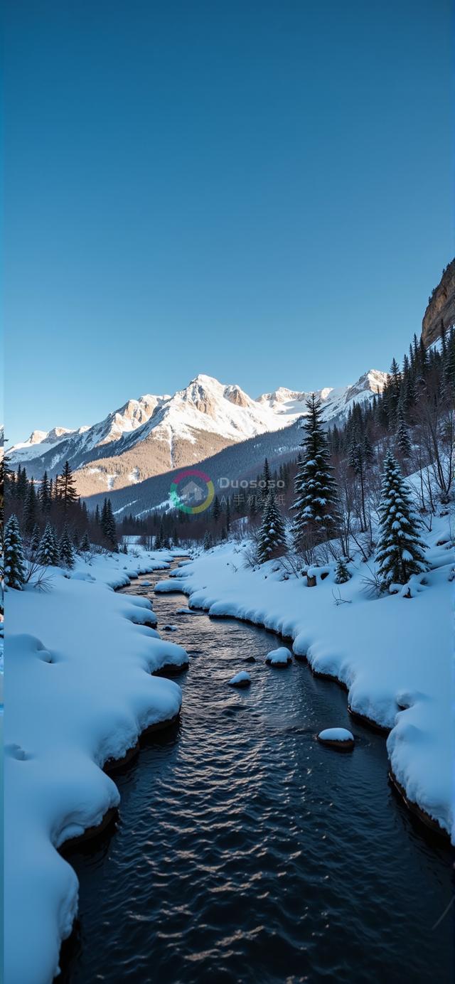 雪覆盖山峦与深蓝河流的宁静风光