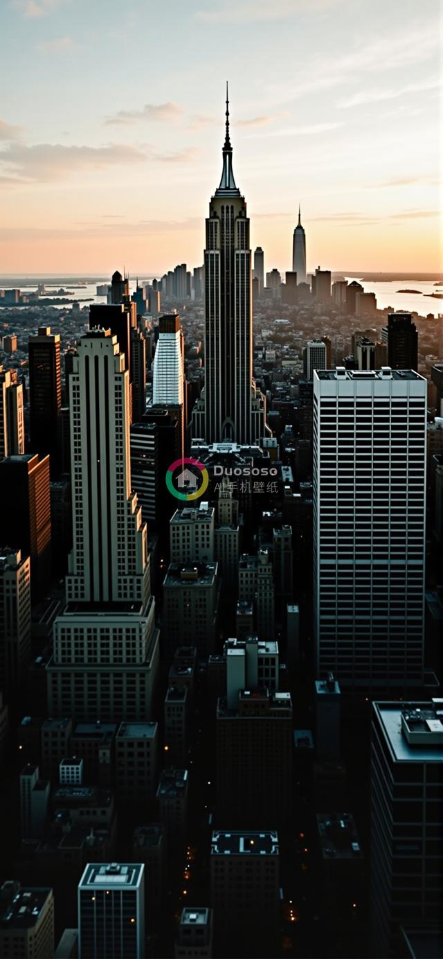 高视角下的纽约日落景观：帝国大厦耸立，天际线熠熠生辉