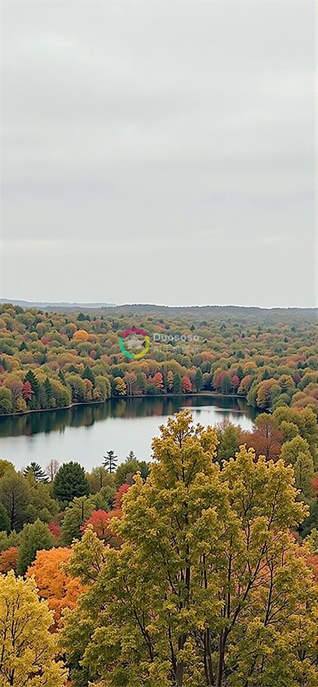 “秋色斑斓山湖映：俯瞰宁静湖面映衬多彩秋叶的壮丽风光”
