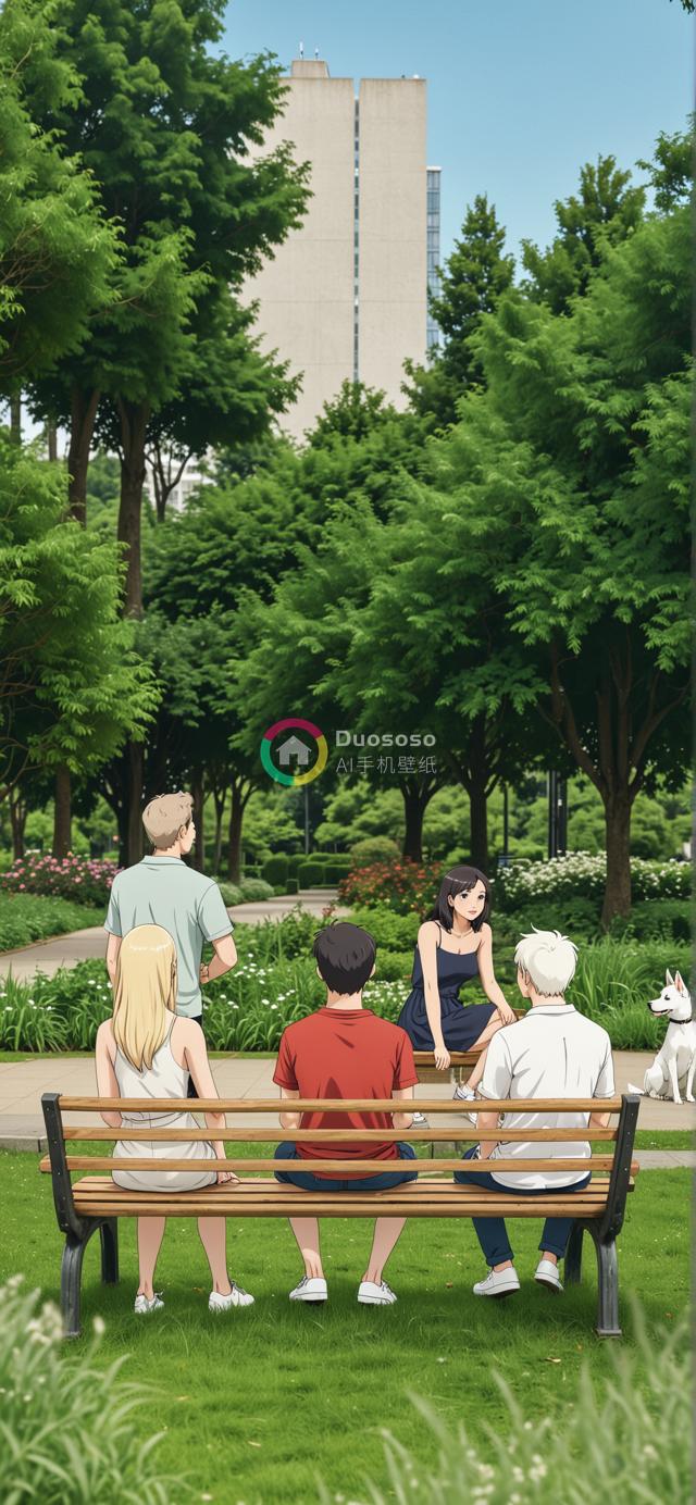 低角度捕捉绿意盎然公园长椅上五位好友闲谈的动漫风格画面