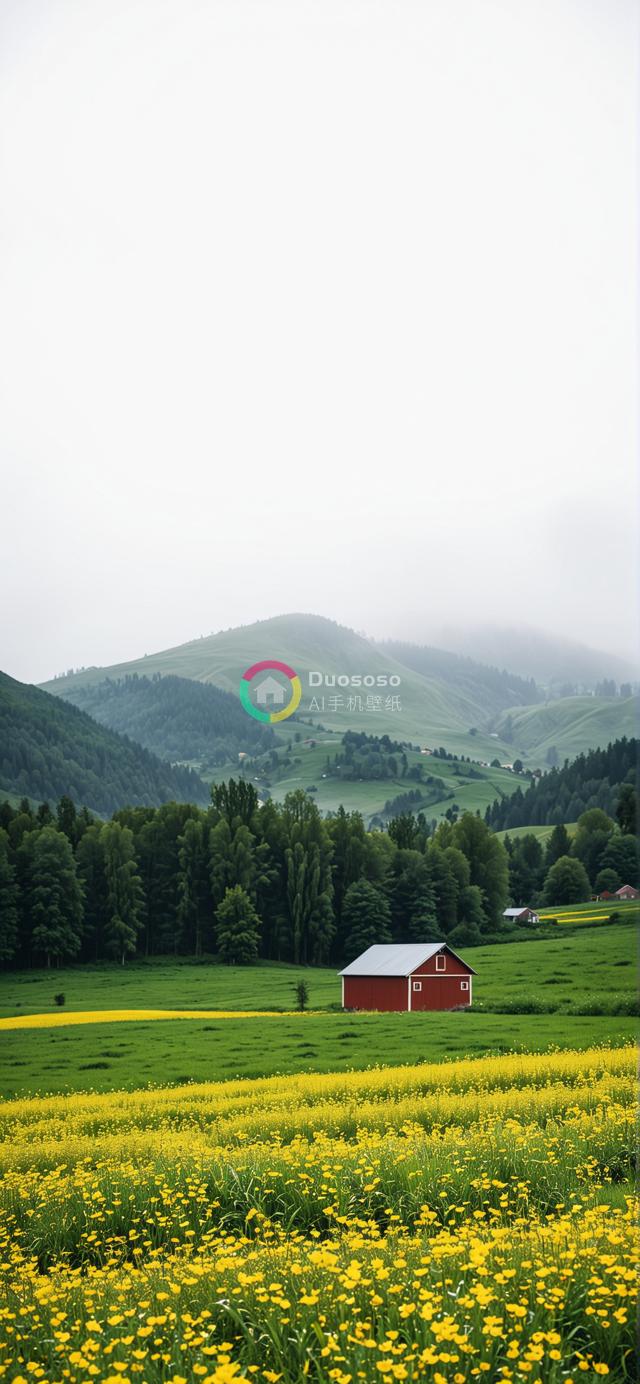 宁静乡村风光：红仓房绿田野，金黄野花海洋，雾霭远山映衬的宁静美景