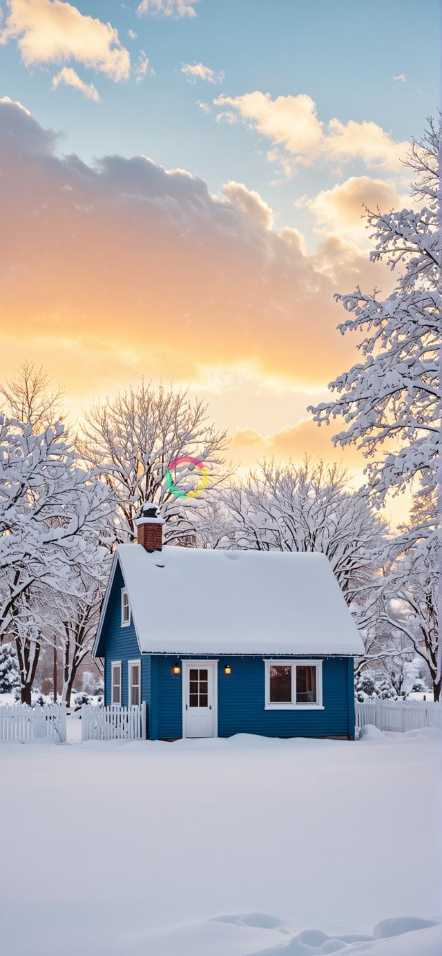 雪覆盖的蓝色小屋：冬日晚霞映衬下的宁静美景