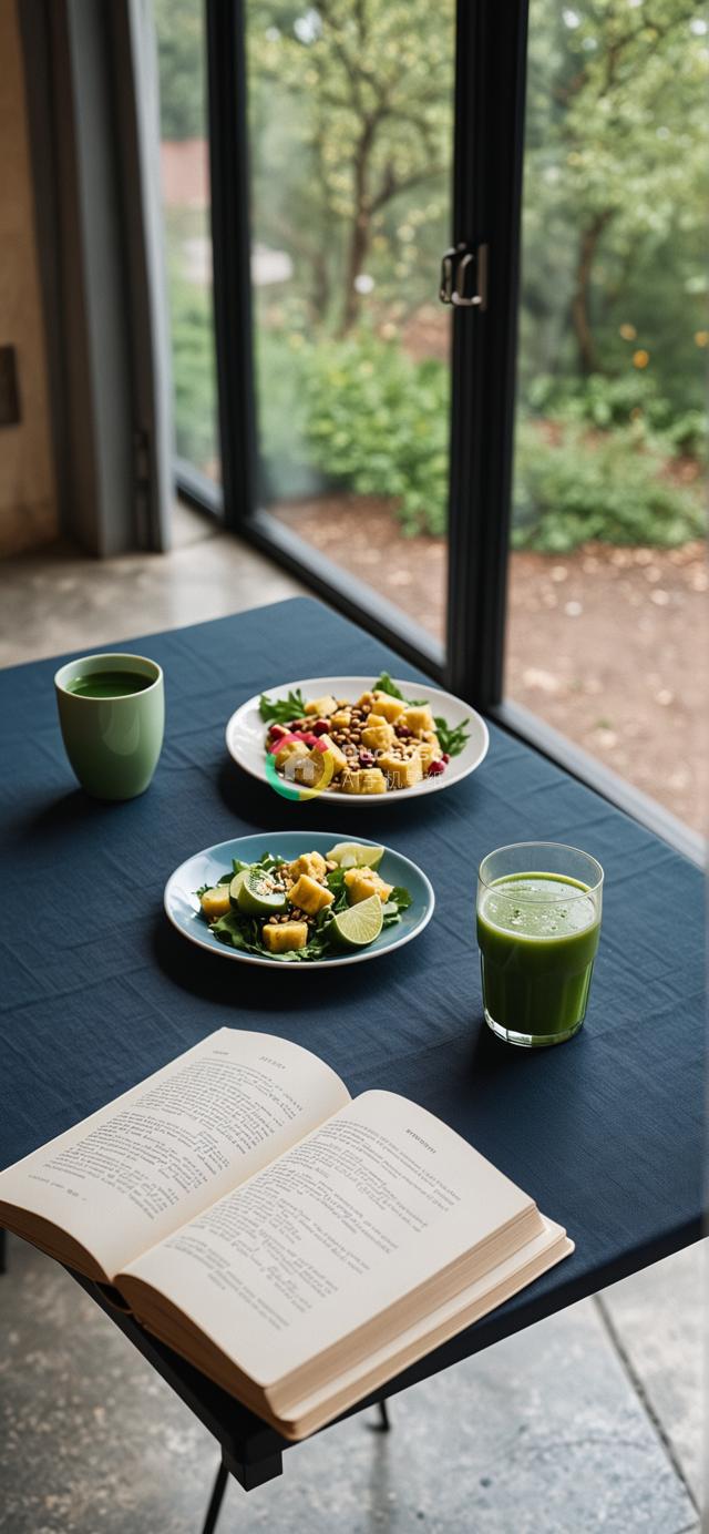 窗边宁静早餐景：一书、茶饮、健康餐，沐浴自然光中的温馨时光