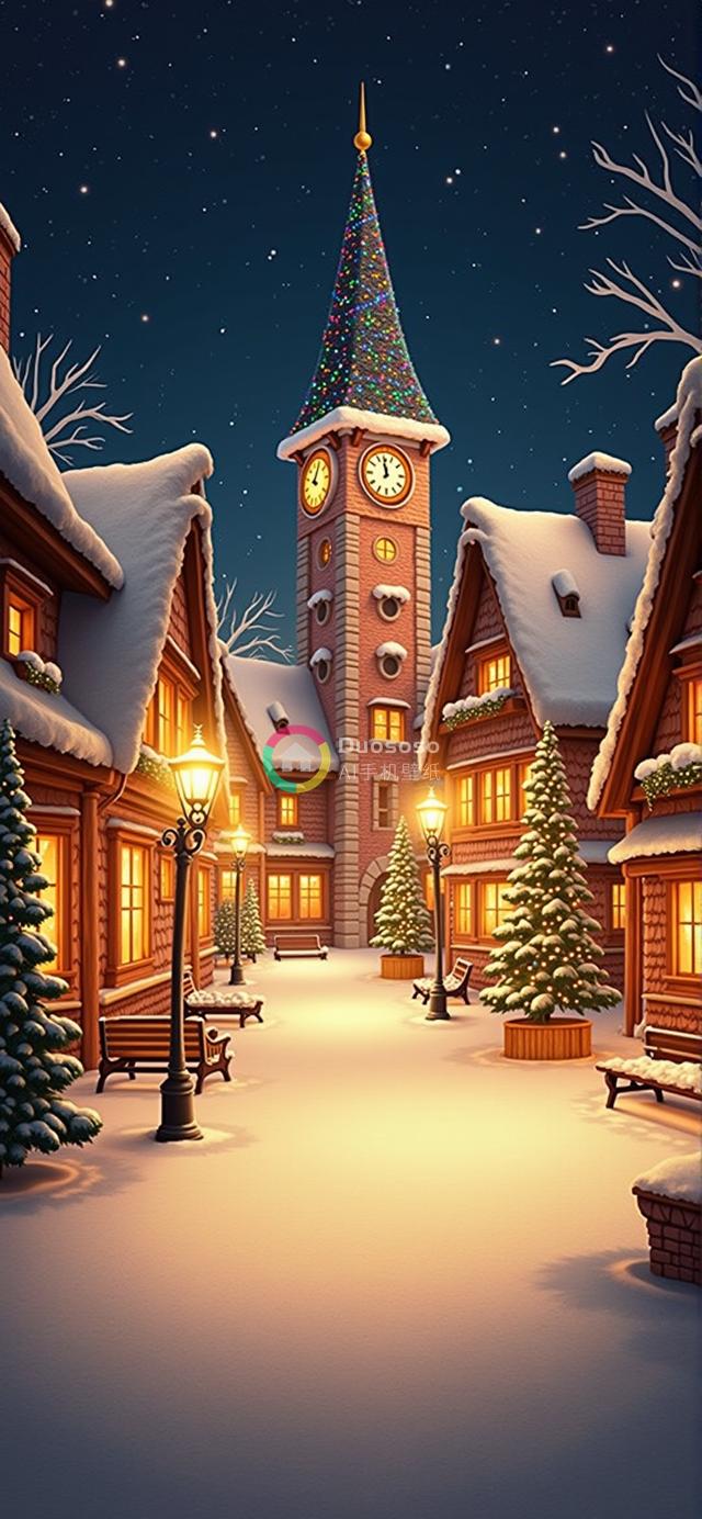 圣诞夜迷人雪村美景插画：雪覆盖的小屋与节日灯火交织温暖氛围