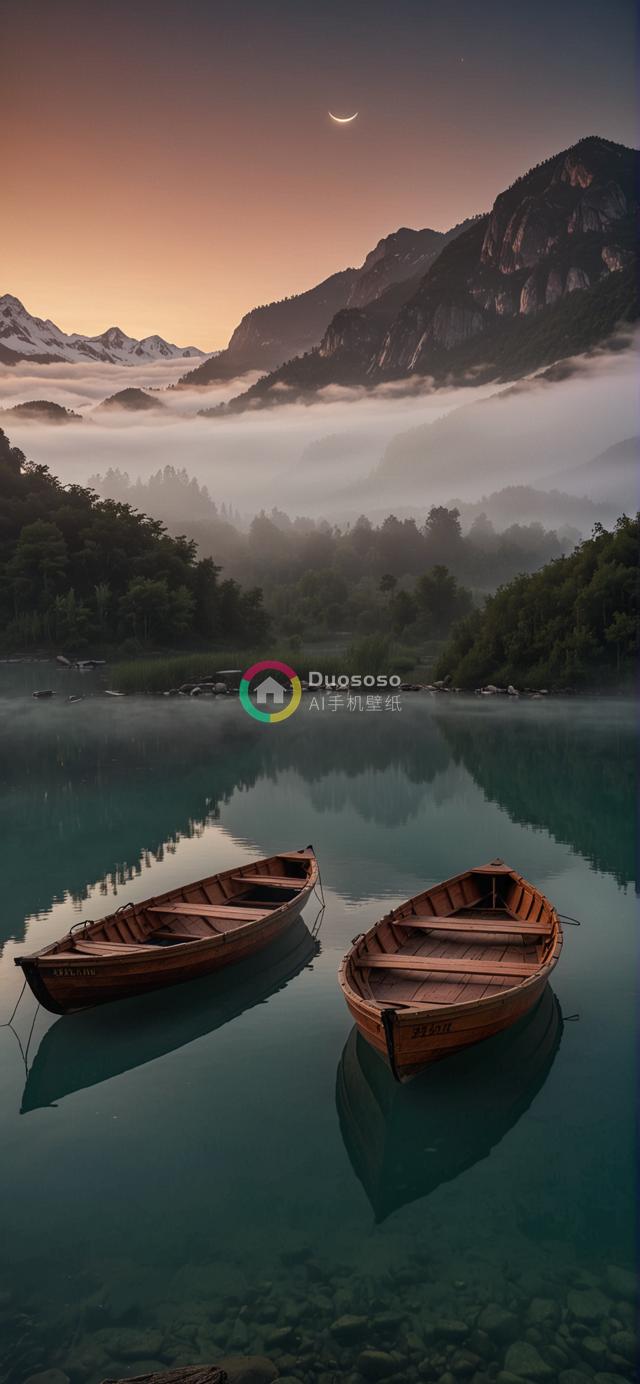 雪山湖畔双木舟：宁静雾霭与霞光月影共绘清晨美景