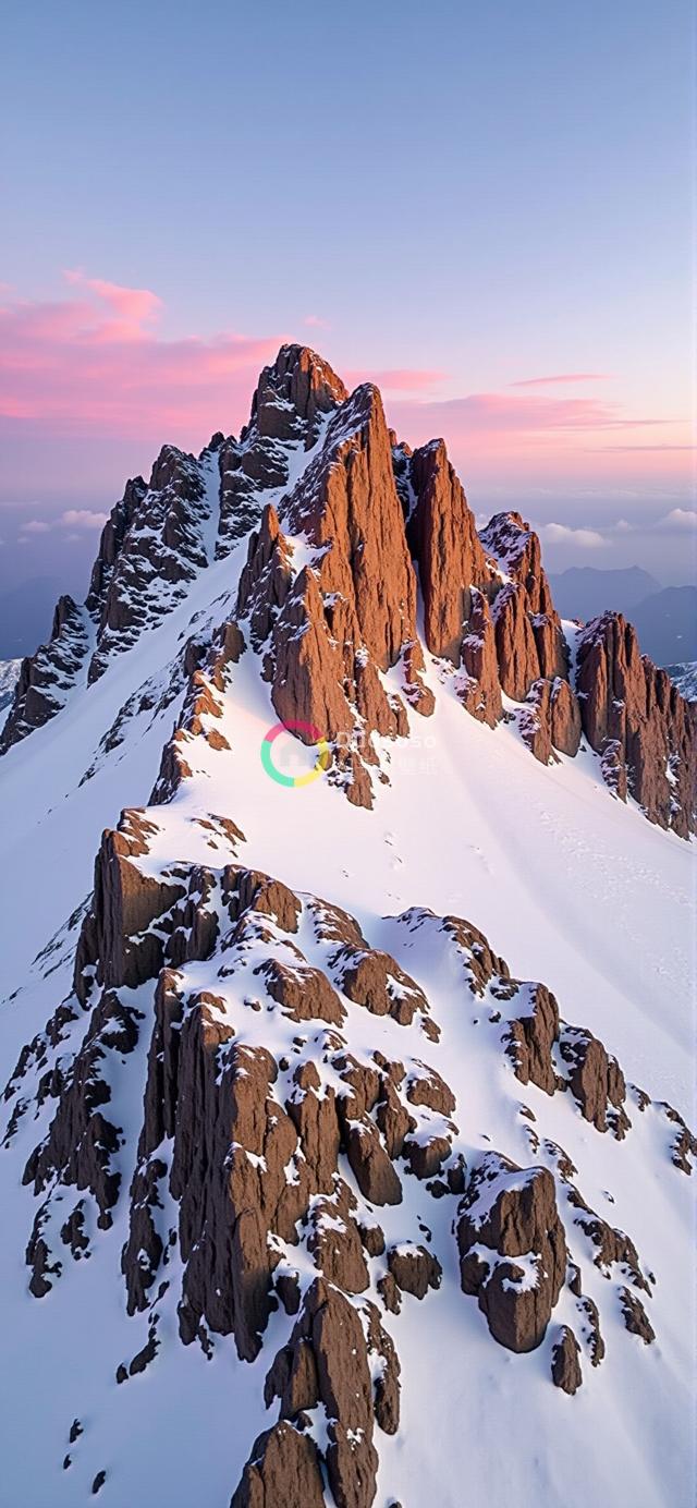 日出时分雪覆盖的红棕色岩石山峰壮丽照片