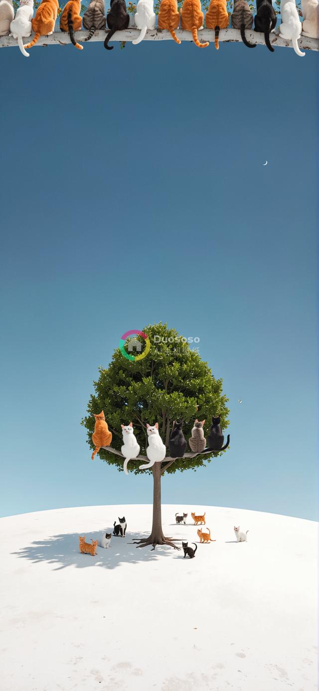 梦幻风景中众猫排列各异，高清视角展现宁静奇思。