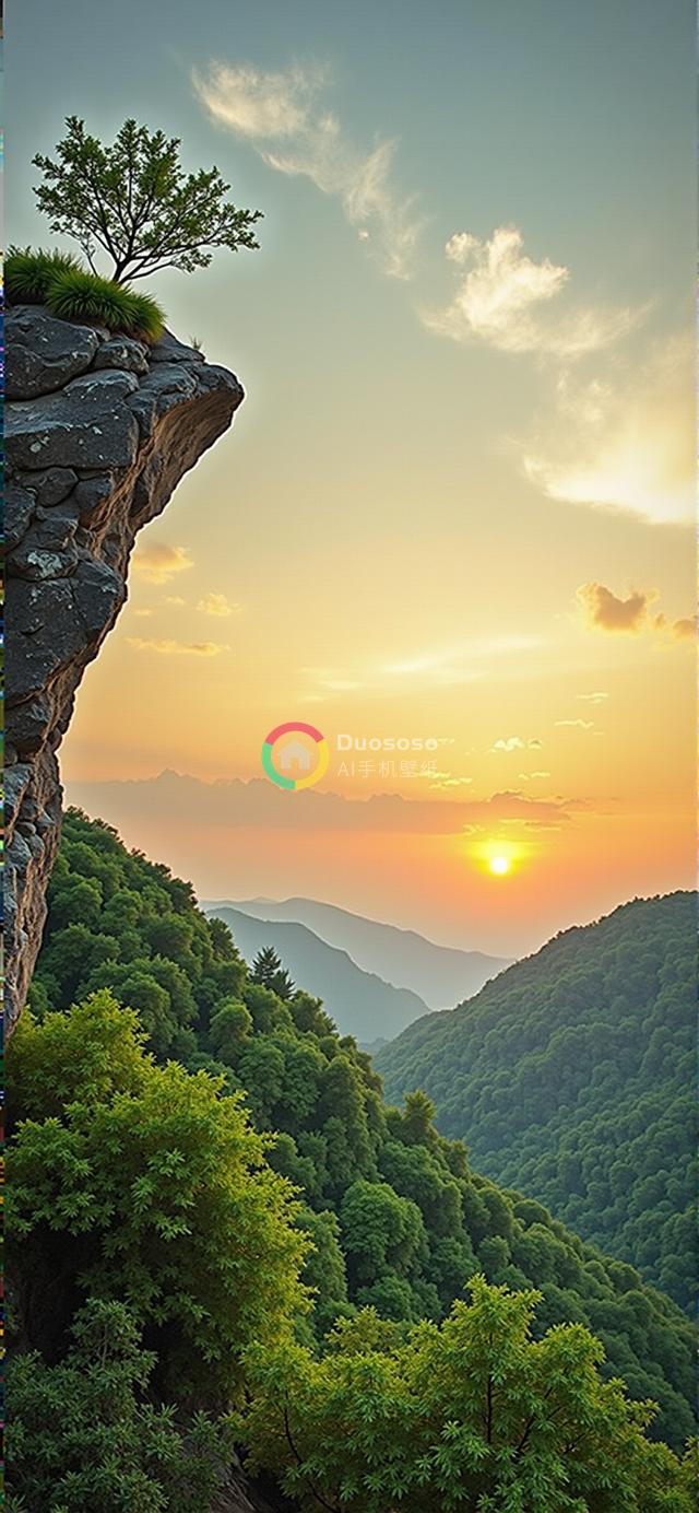 日落时分绿意盎然山谷摄影：岩壁孤树与金色晚霞映衬下的宁静壮美