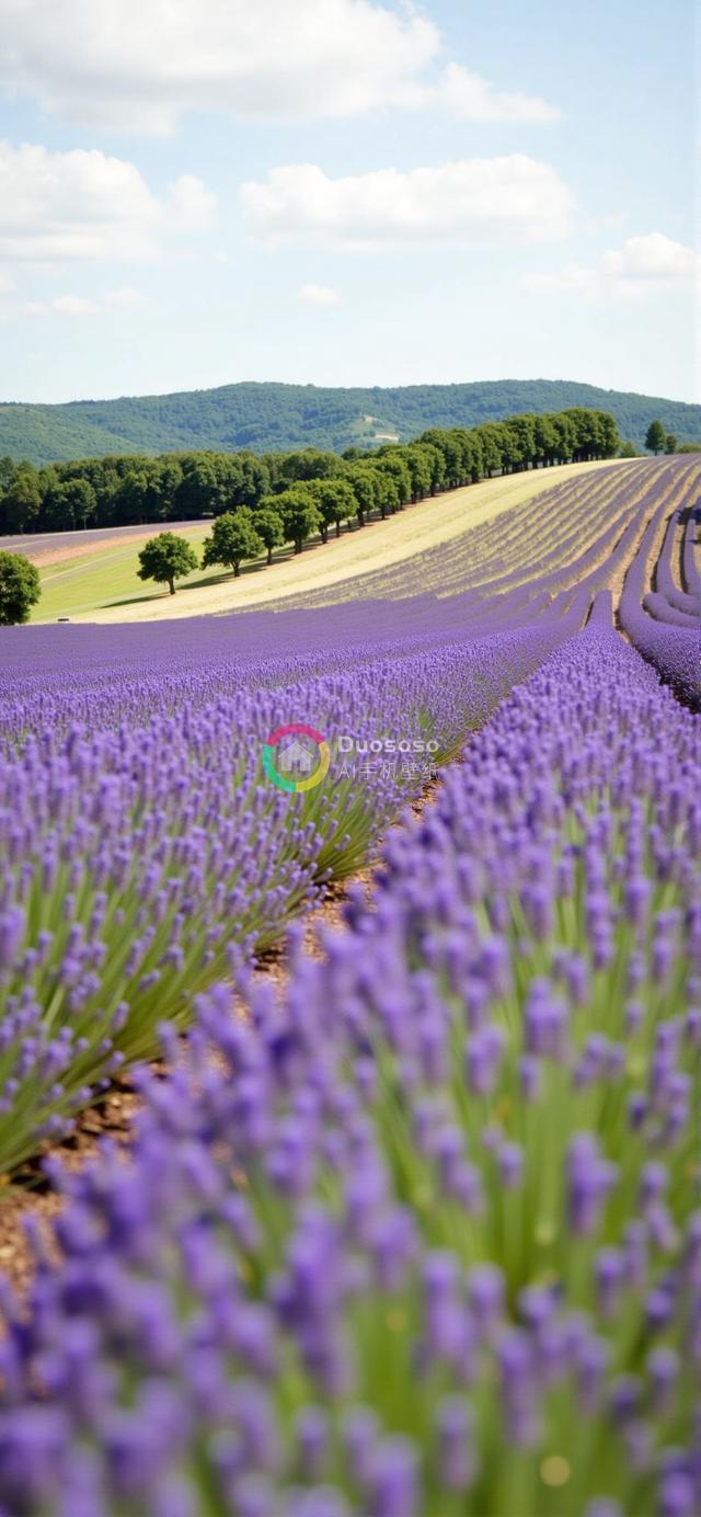 盛夏薰衣草田野风光：紫色花海与翠绿丘陵的宁静画卷