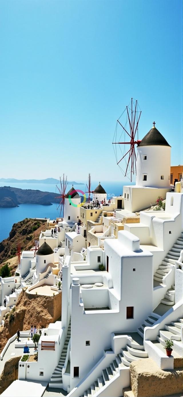“希腊岛屿险峻悬崖上白色建筑群与蔚蓝海景的绝美风光”