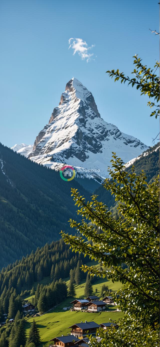 雪山耸立于绿谷村庄之上的壮丽风光