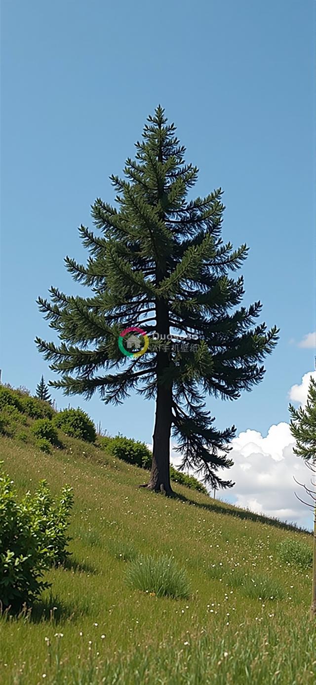 孤松挺立绿茵山丘，白云蓝天映壮丽画卷