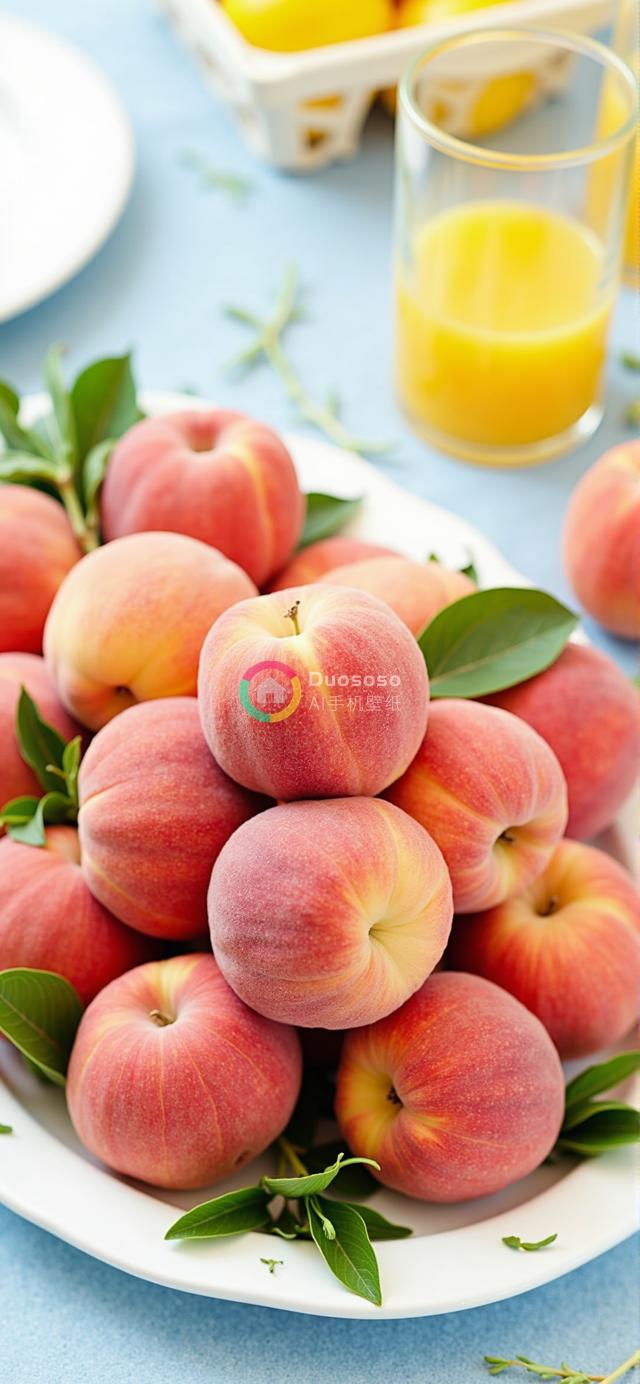 高角度艺术摆拍：粉黄相间熟桃绿叶装点白盘，夏日清新橙汁柠檬映衬画面 

（考虑到SEO和吸引力，这个标题尽量精简同时包含了关键信息。）