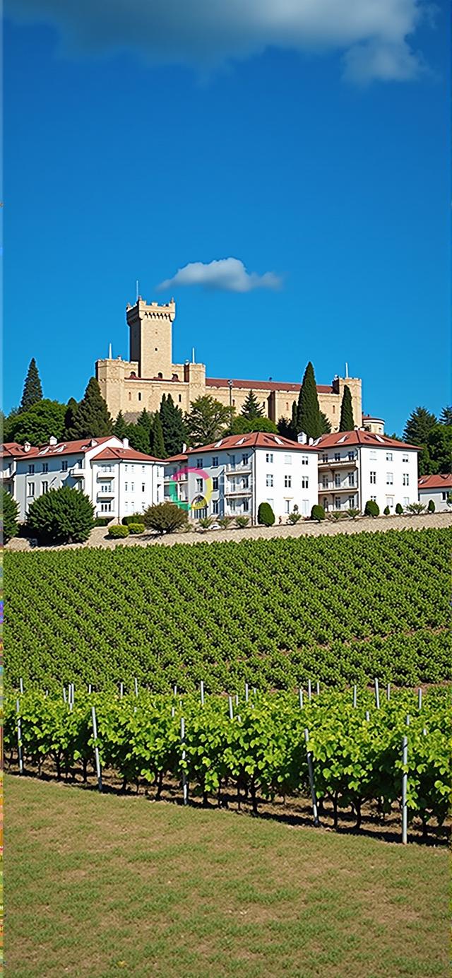 阳光下的欧洲风情葡萄园与古堡风光