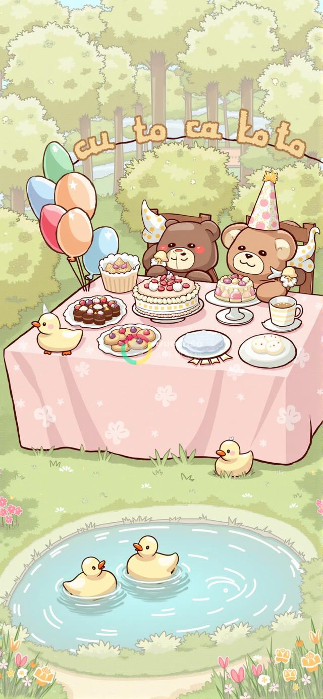 梦幻森林生日派对：两只萌态泰迪熊与美食相伴的温馨画面