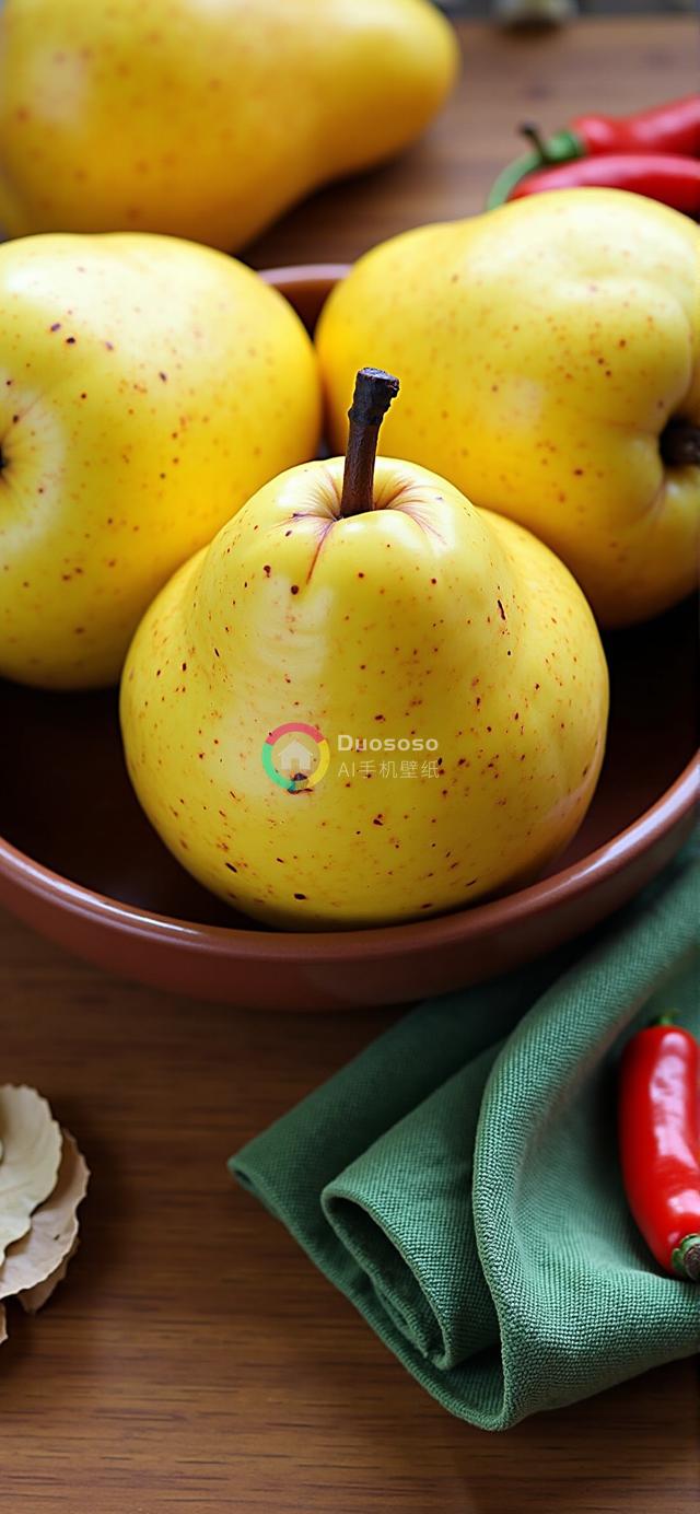 黄梨艺术摆盘照：光泽细腻梨子与质朴木碗的暖光纹理之美