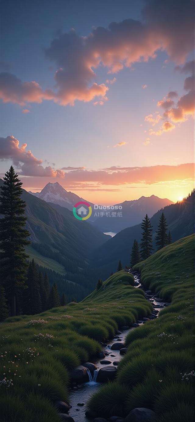 落日余晖下的恬静山川美景渲染图