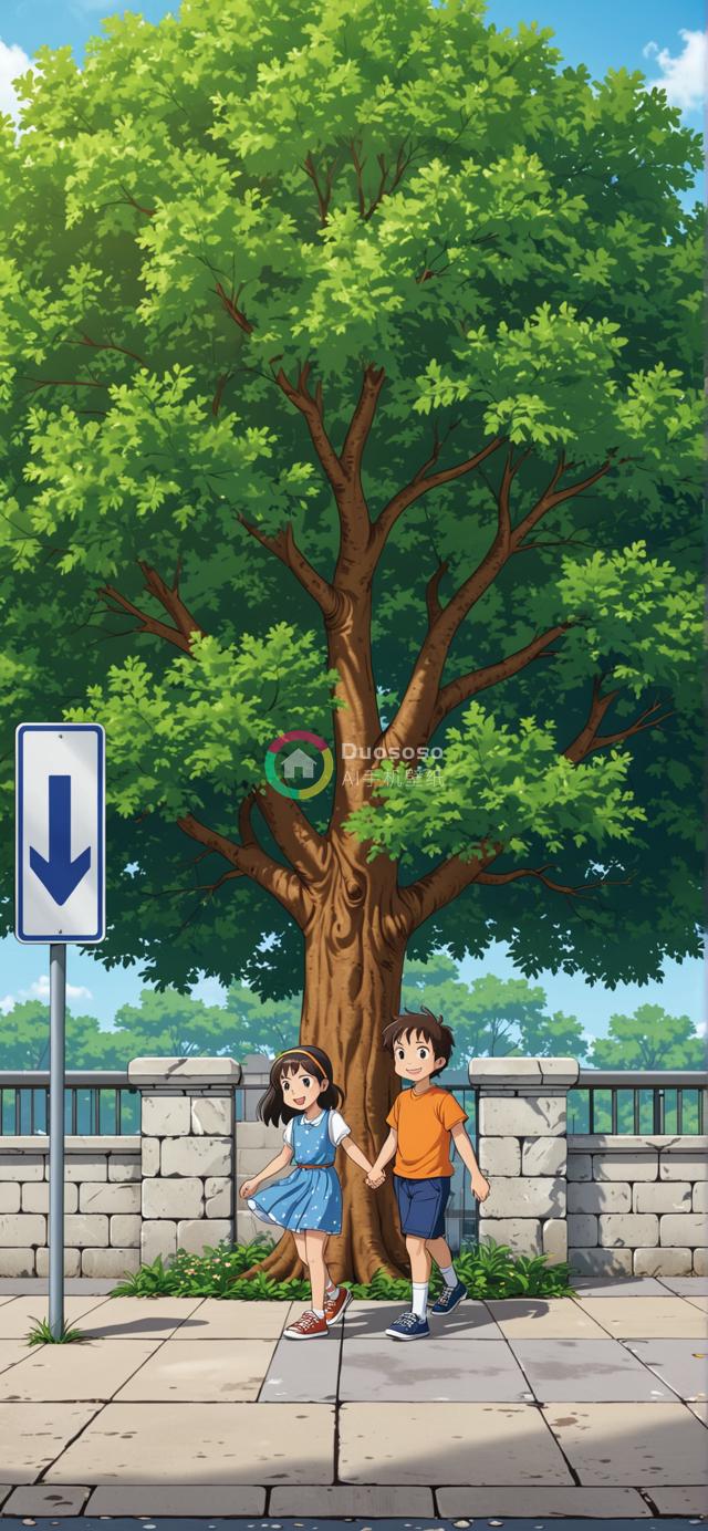 温馨怀旧画风描绘两孩童手牵手沿街快乐行走