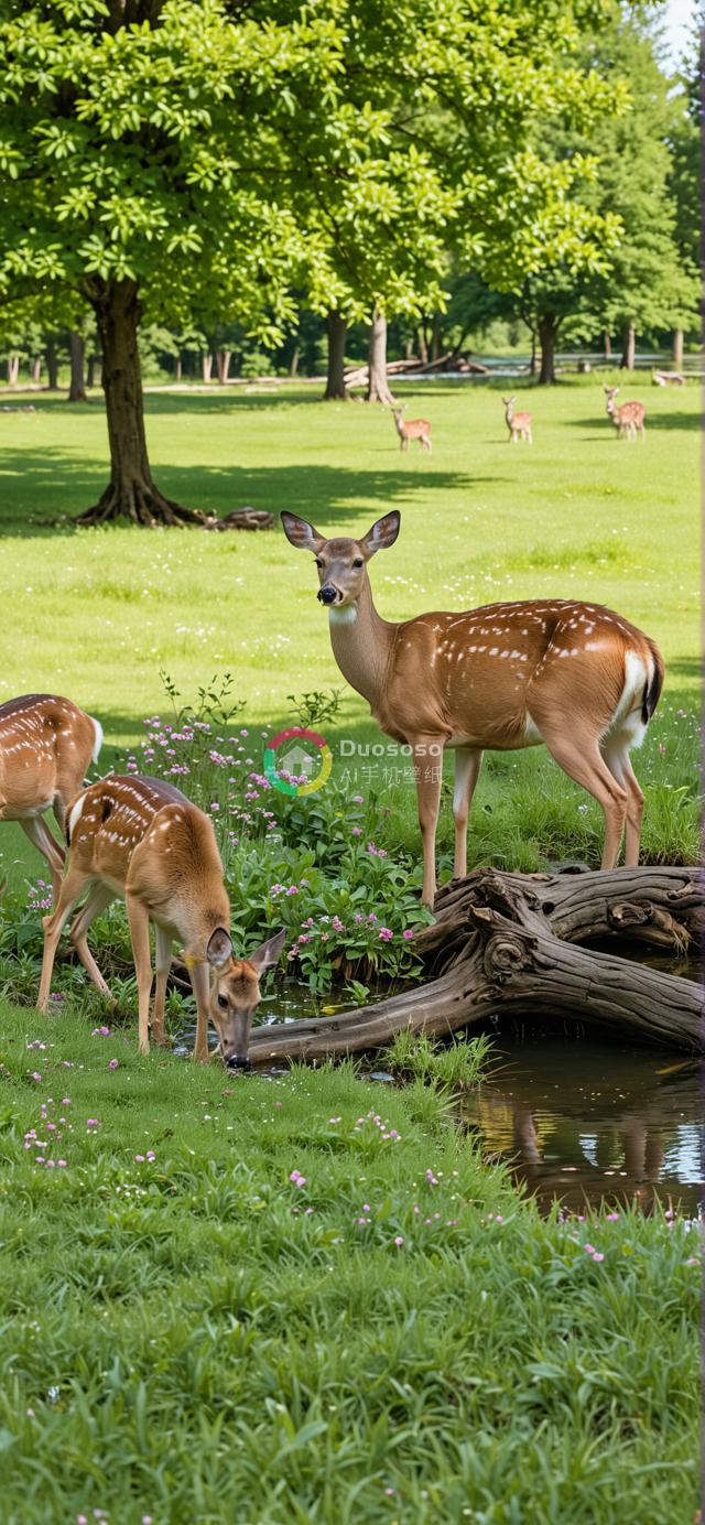 绿意盎然公园中四只白尾鹿的生活画面：幼鹿饮水、成年鹿警惕守望