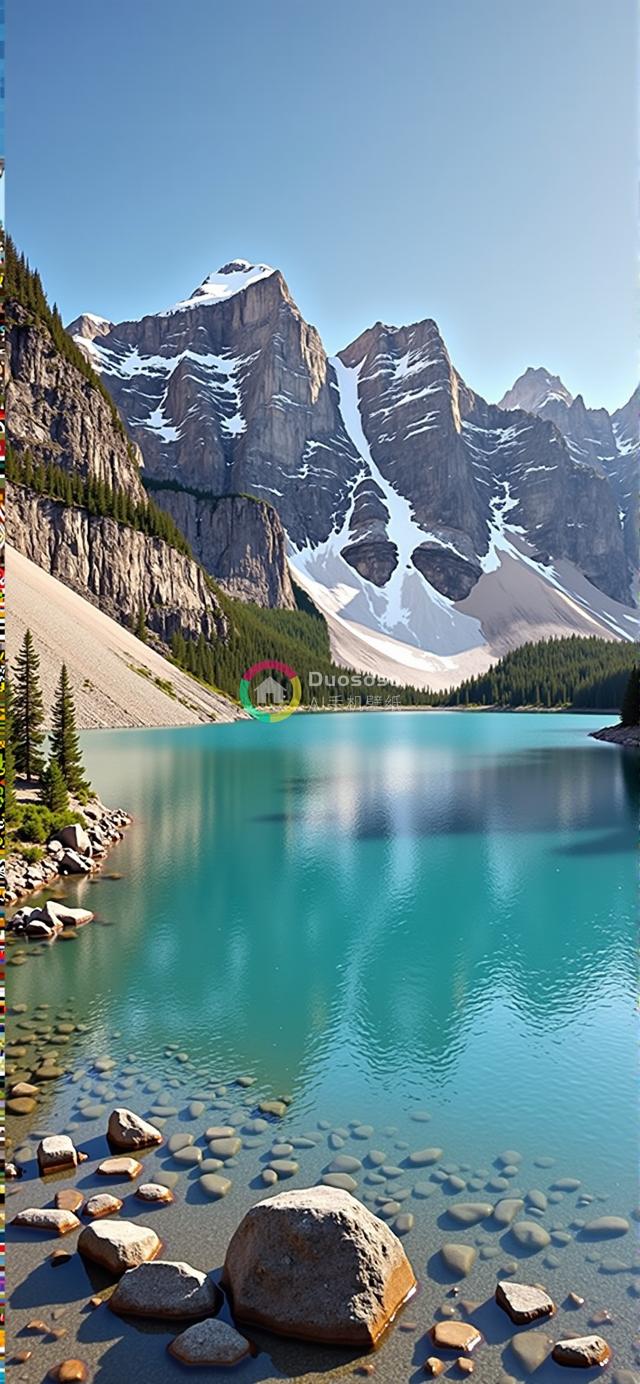 雪峰环绕的碧蓝色湖水近距离摄影