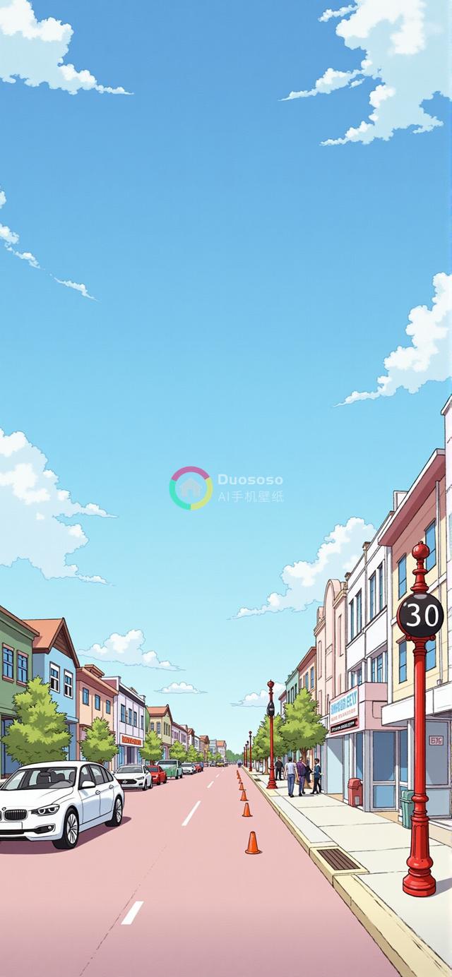 阳光明媚小镇街景：粉色调宽街与色彩缤纷建筑群的卡通风格渲染图