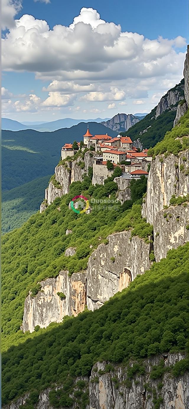 “绝壁之上的壮丽红顶白墙寺院摄影：翠绿山脉环绕，蓝天白云映衬下的宏伟景象”