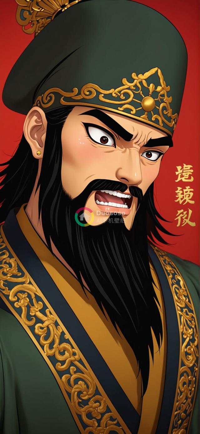 东亚历史人物帝王级肖像：华服红背景下的严肃神情