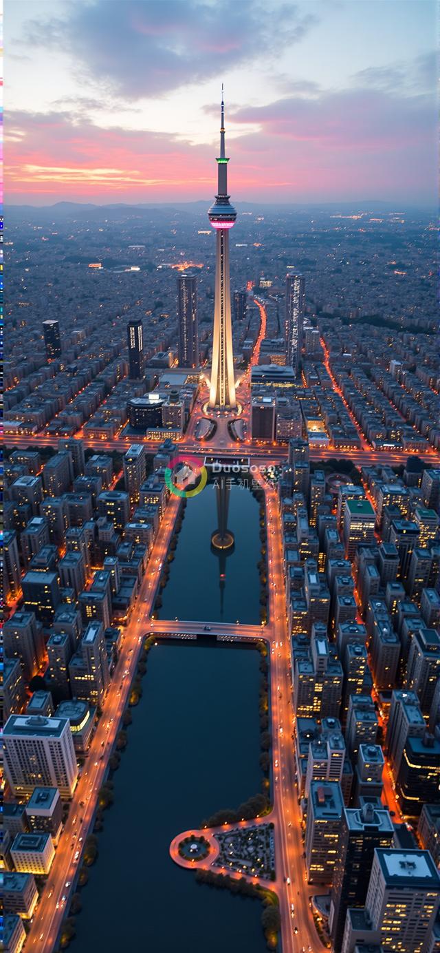 夜幕降临，伊朗德黑兰米拉德塔璀璨城市天际线航拍