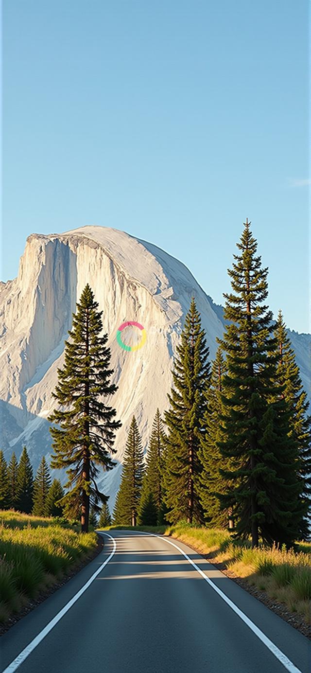 阳光映照下壮丽山峰蜿蜒道路摄影，展现大自然的壮丽与宁静