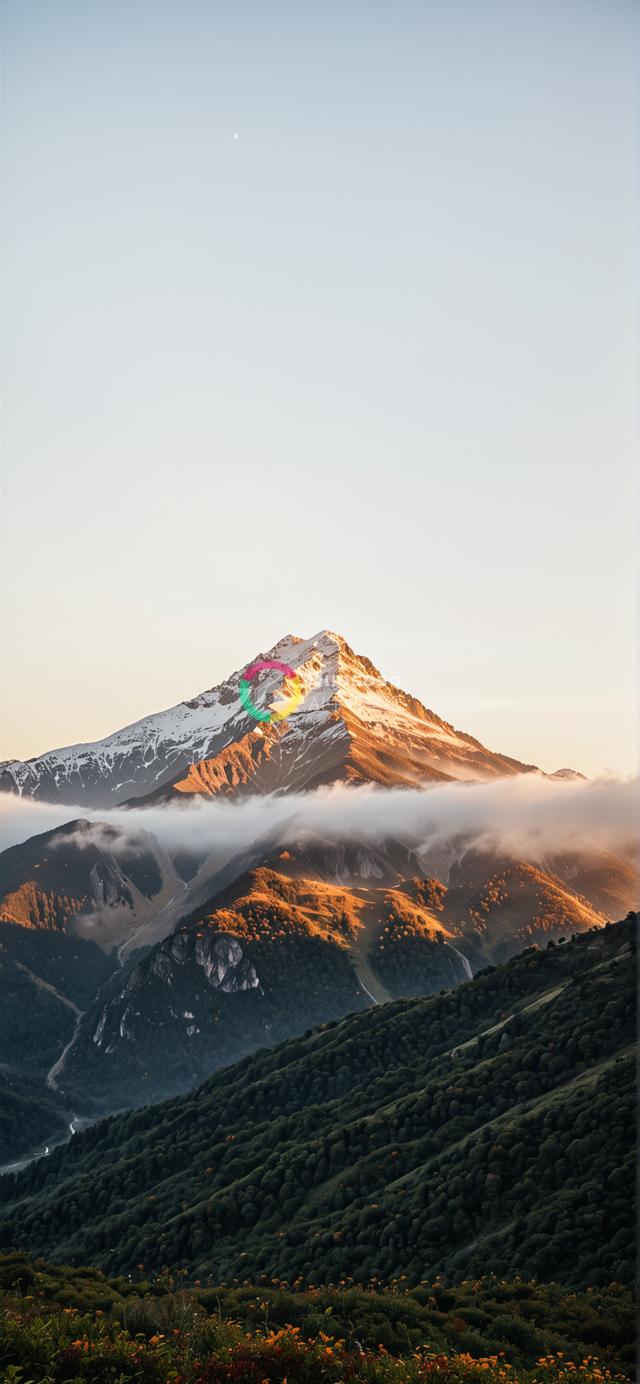 落日余晖下的壮丽雪峰：深邃蓝绿与橙花点缀的宁静山景