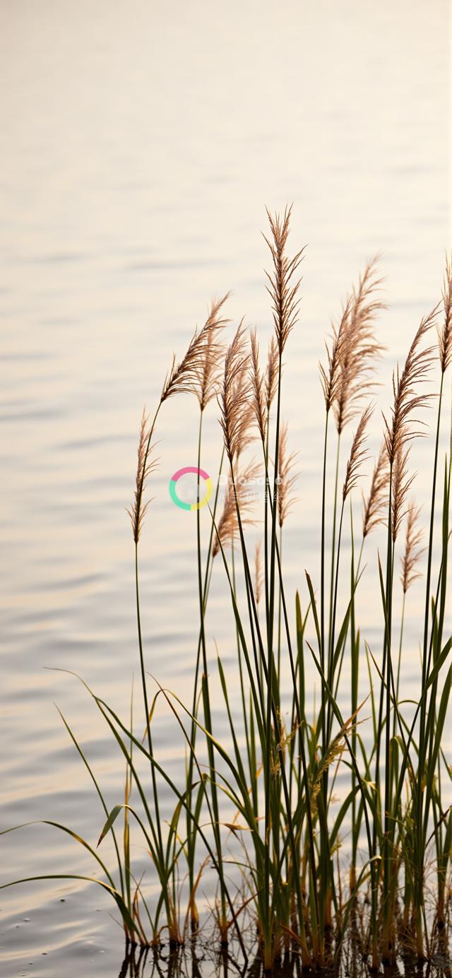 宁静水域中挺拔草丛的低角度摄影，展现温馨柔和的绿棕色调与平和美景