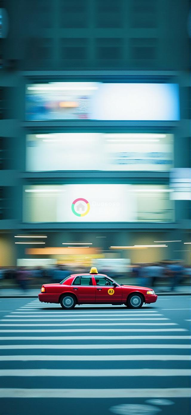 动感都市瞬间：一辆红出租车穿越斑马线的街头摄影