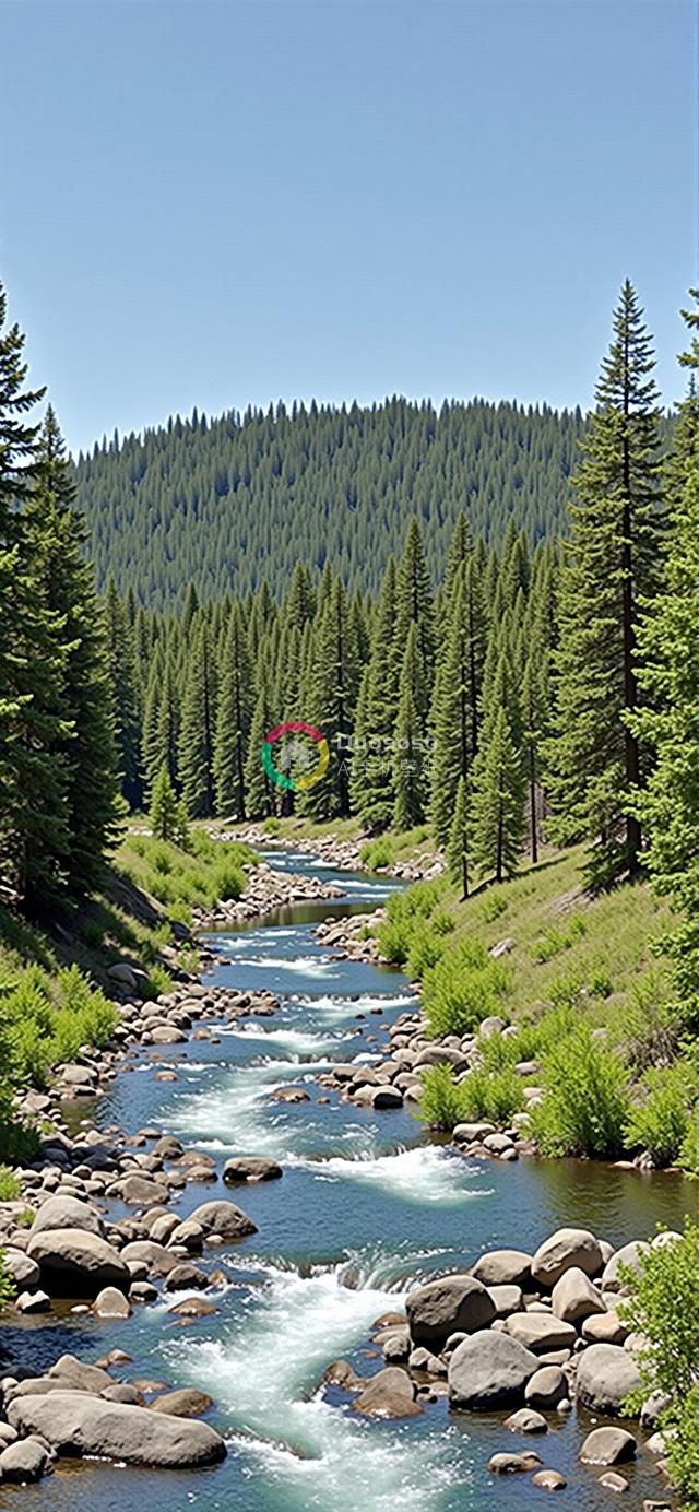 高角度俯瞰针叶林间清澈石河风光摄影