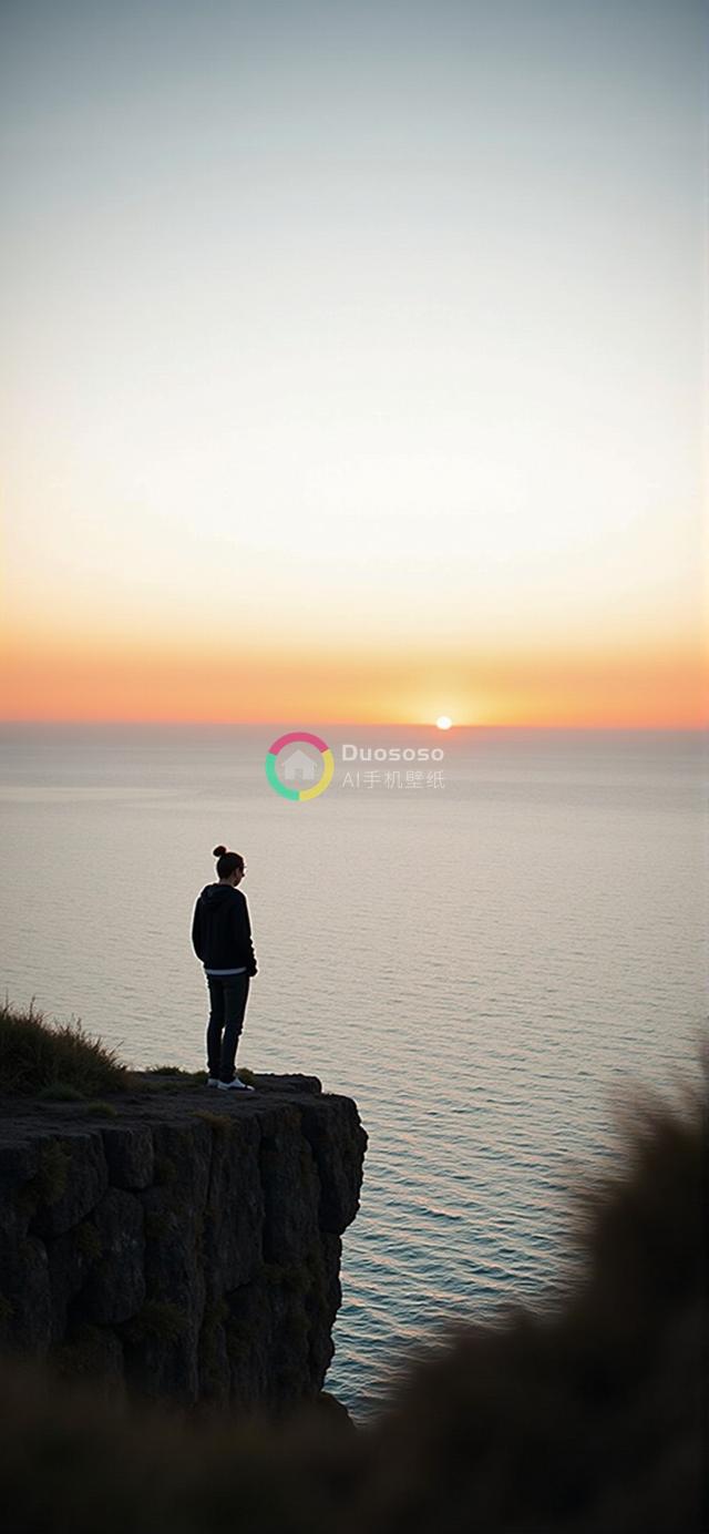 悬崖边女子凝望海上落日余晖，彰显自然之美与宁静孤独