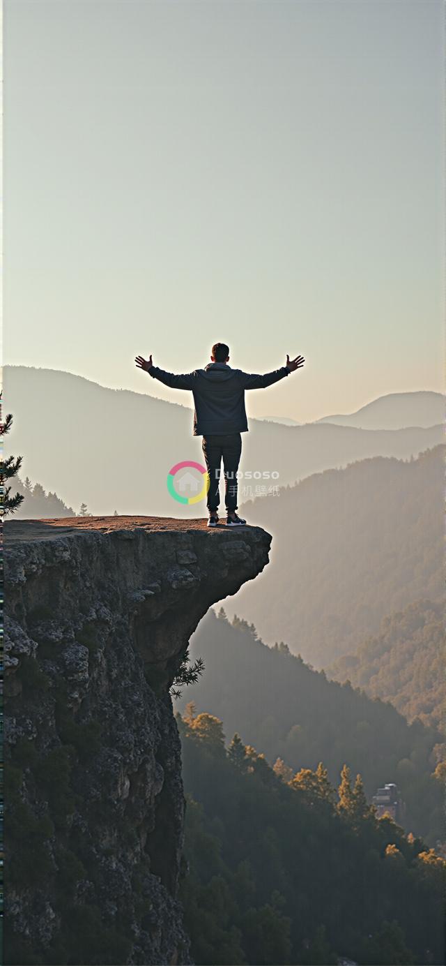 悬崖之上男子展望山谷：自由与自然的和谐剪影