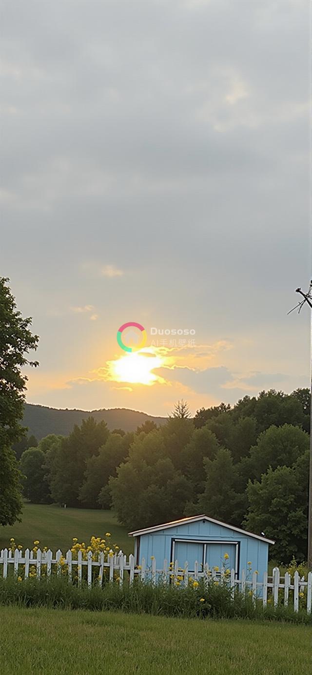 宁静乡村日落美景：绿野树影，蓝天白棚，黄花围栏映晚霞