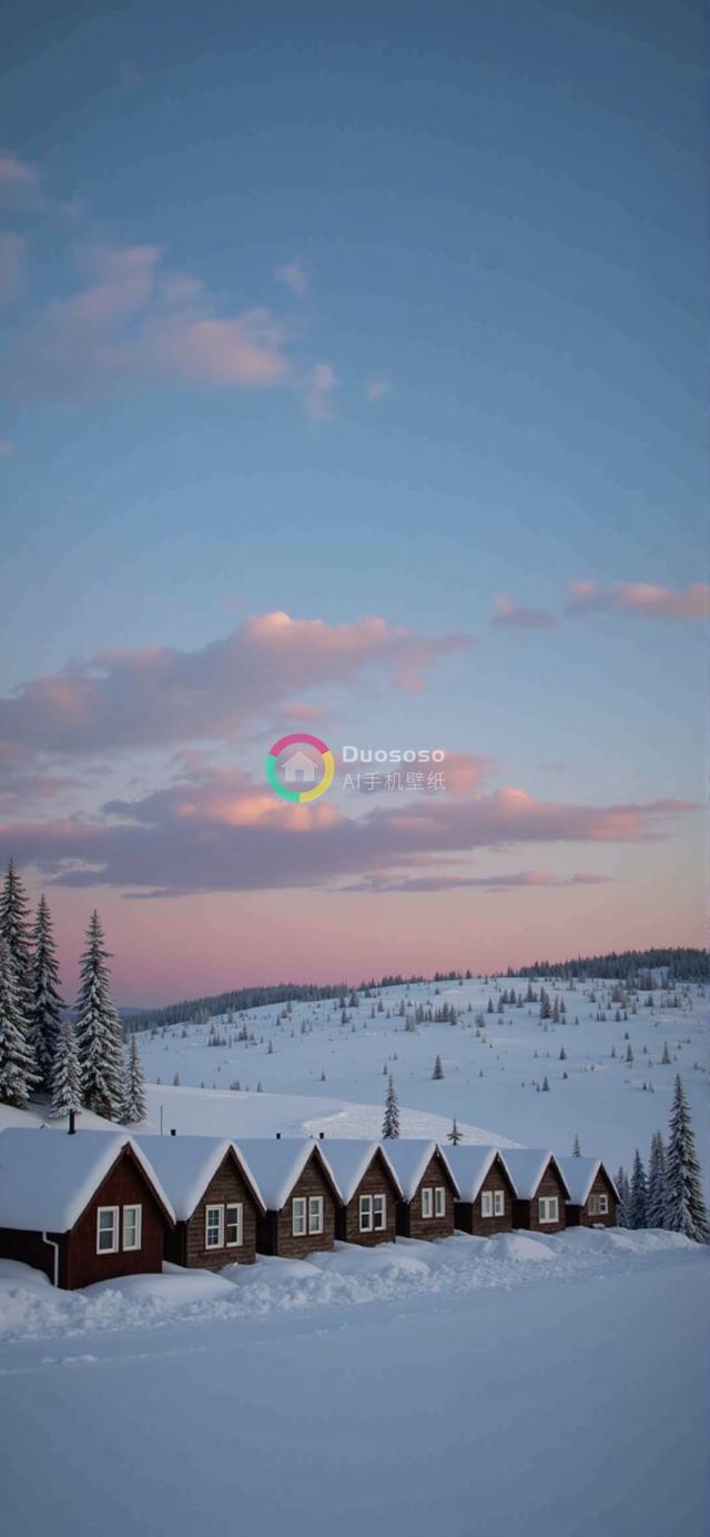 雪景中迷人木屋行列的宁静冬日画卷