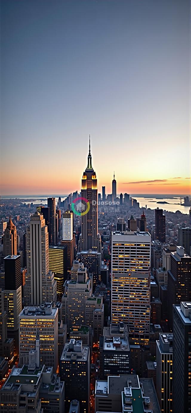 夜幕降临，纽约天际线璀璨帝国大厦尽收眼底