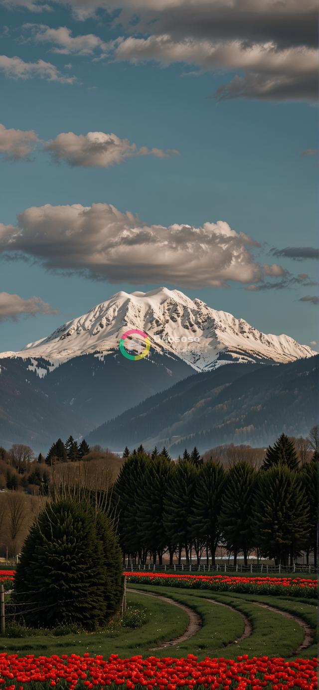 雪山映衬下盛开的红郁金香田野壮丽风光