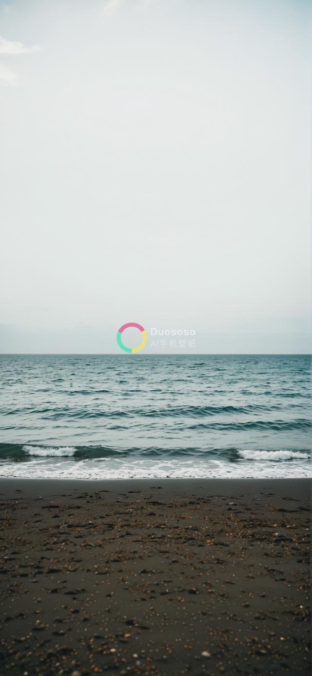 宁静极简海景照：海天一线分割，深棕沙滩映波涛