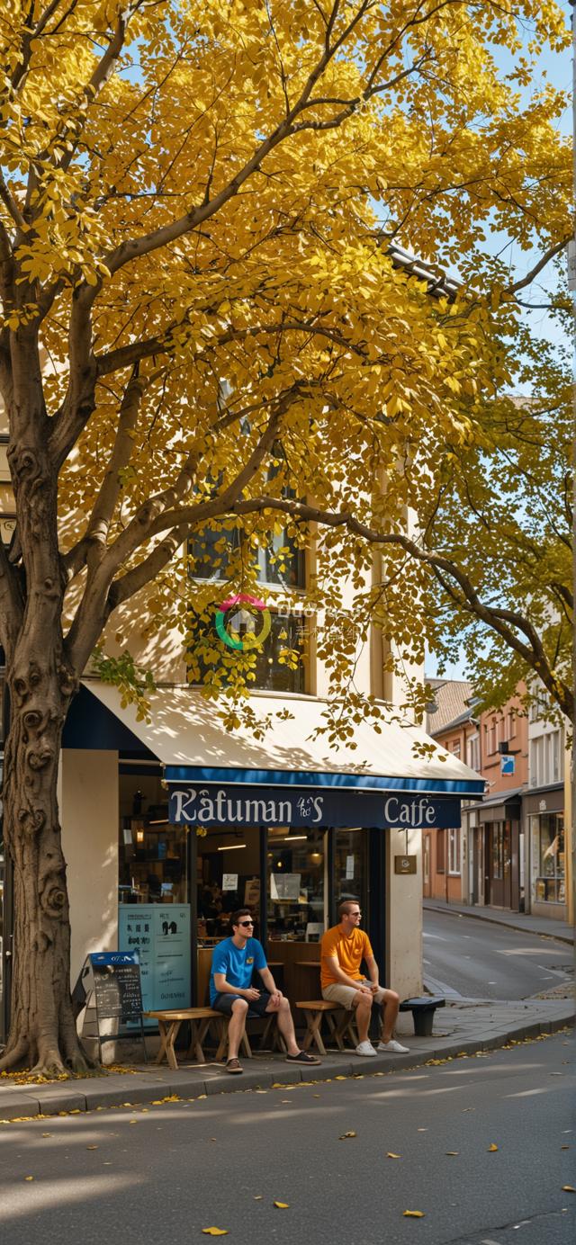 秋日阳光下的咖啡馆：两男子闲适享受欧洲小镇风情