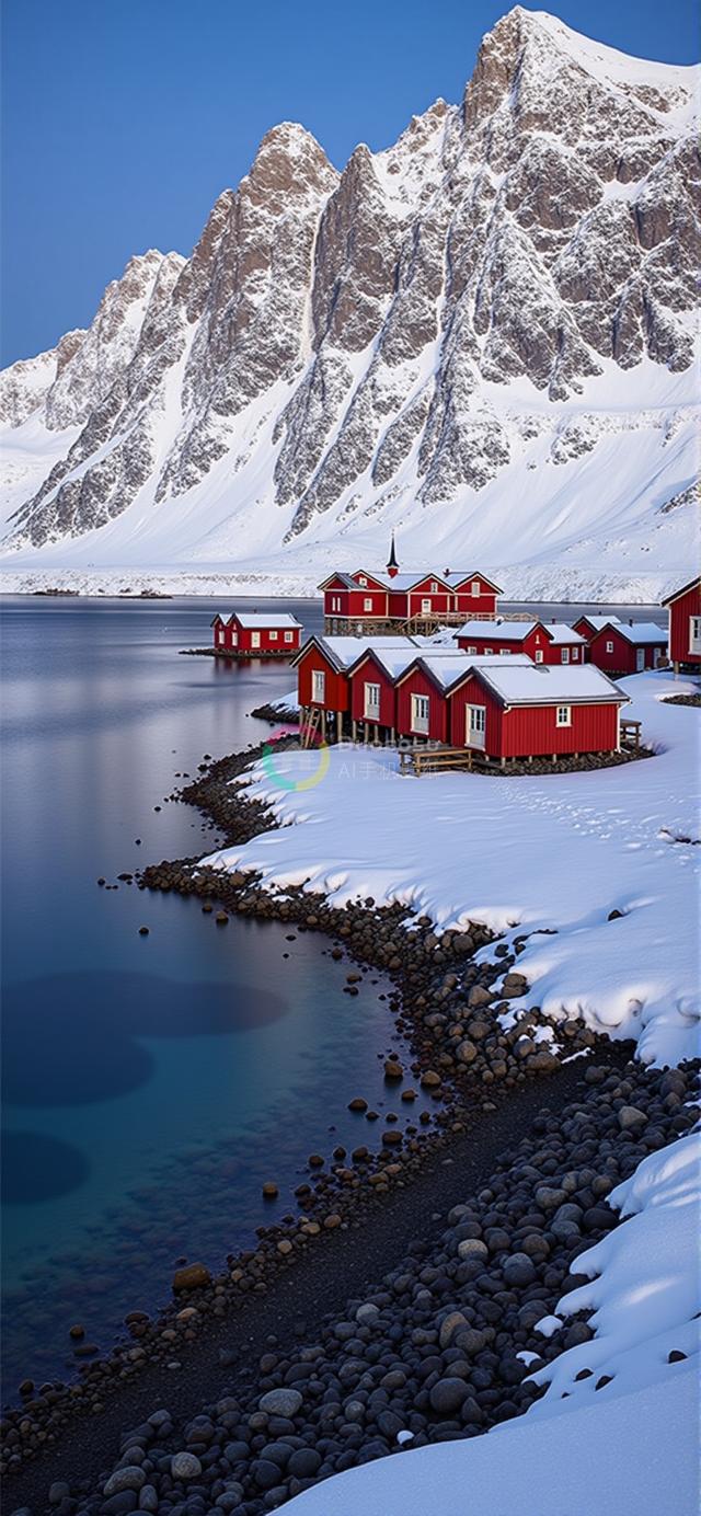 雪覆盖的红木屋沿宁静蓝绿色峡湾映衬壮丽雪山景观