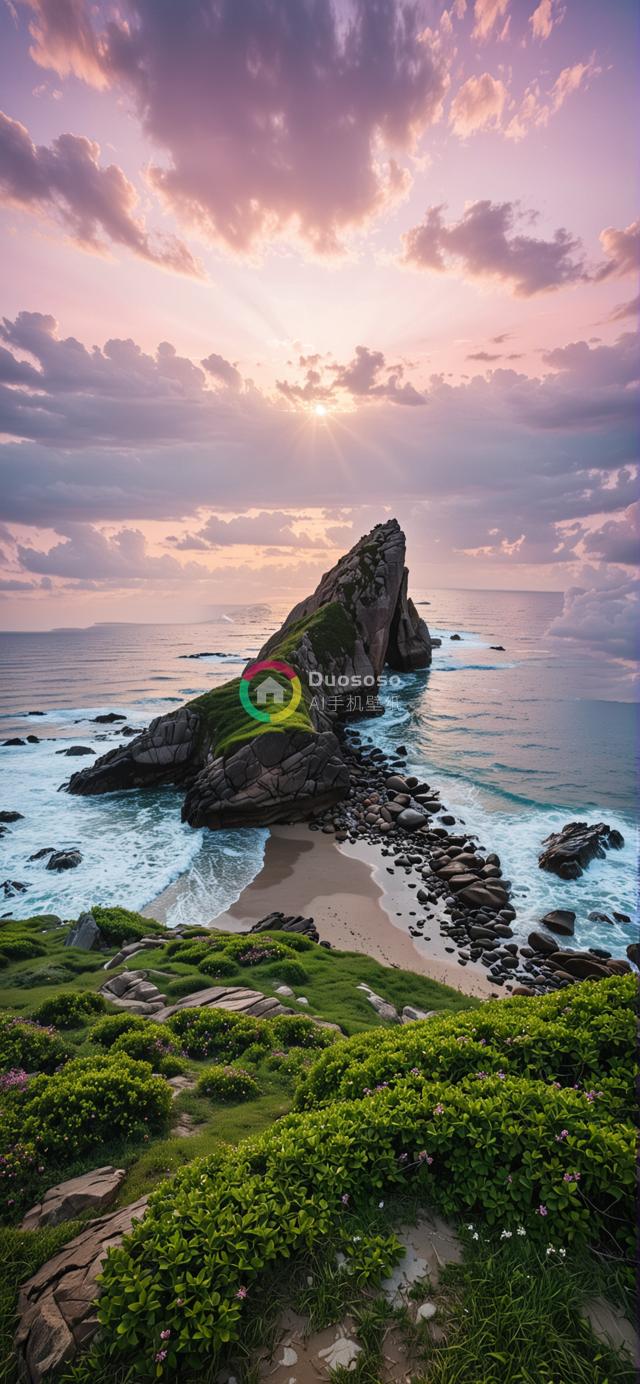“绿植被覆盖岩石小岛海上仙境摄影：宁静蓝绿调映衬粉紫天空”