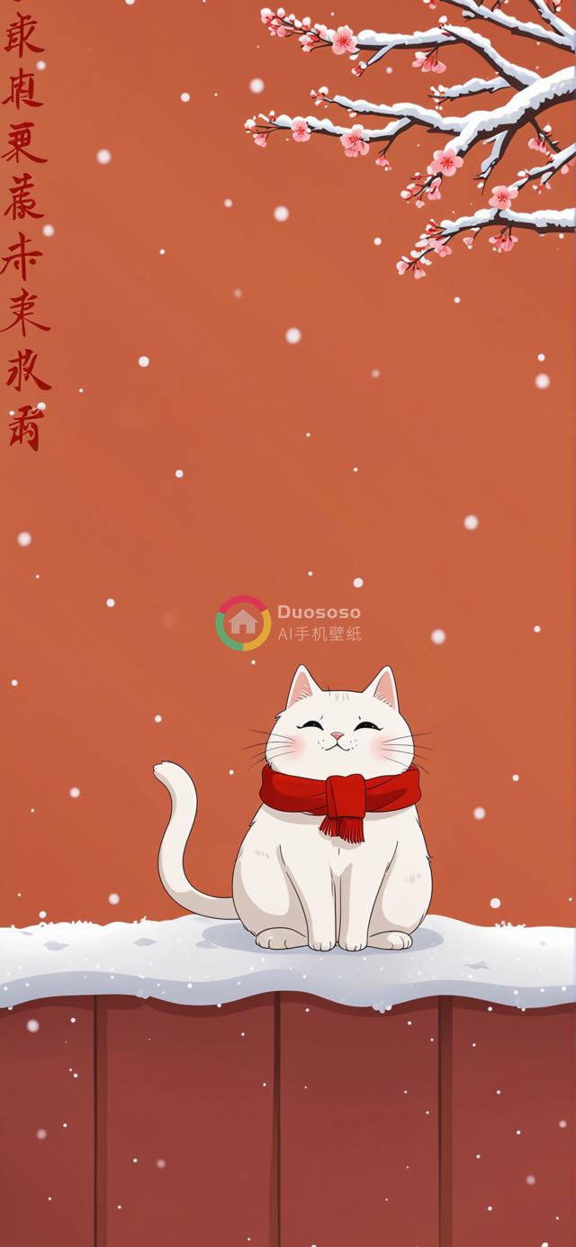 动漫风白猫雪中围巾暖图，冬季节日问候寓意温馨