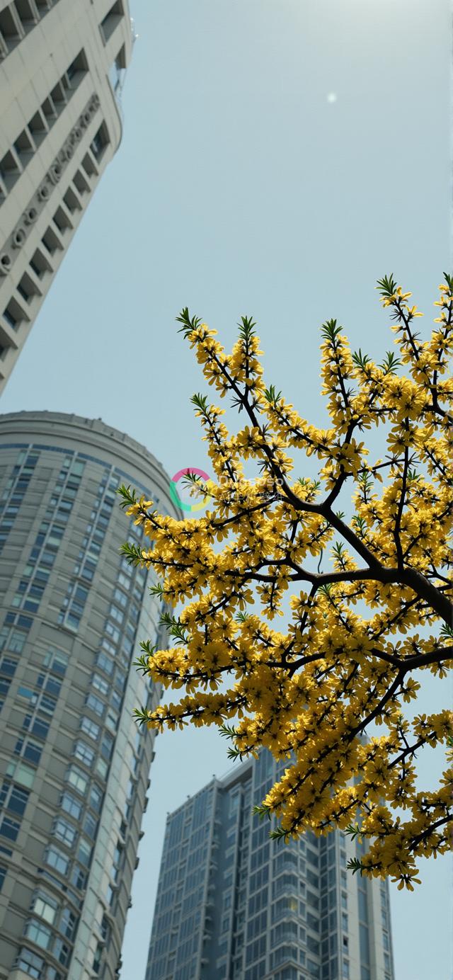 春意盎然：黄花开树映高楼，自然与现代城市景观的碰撞