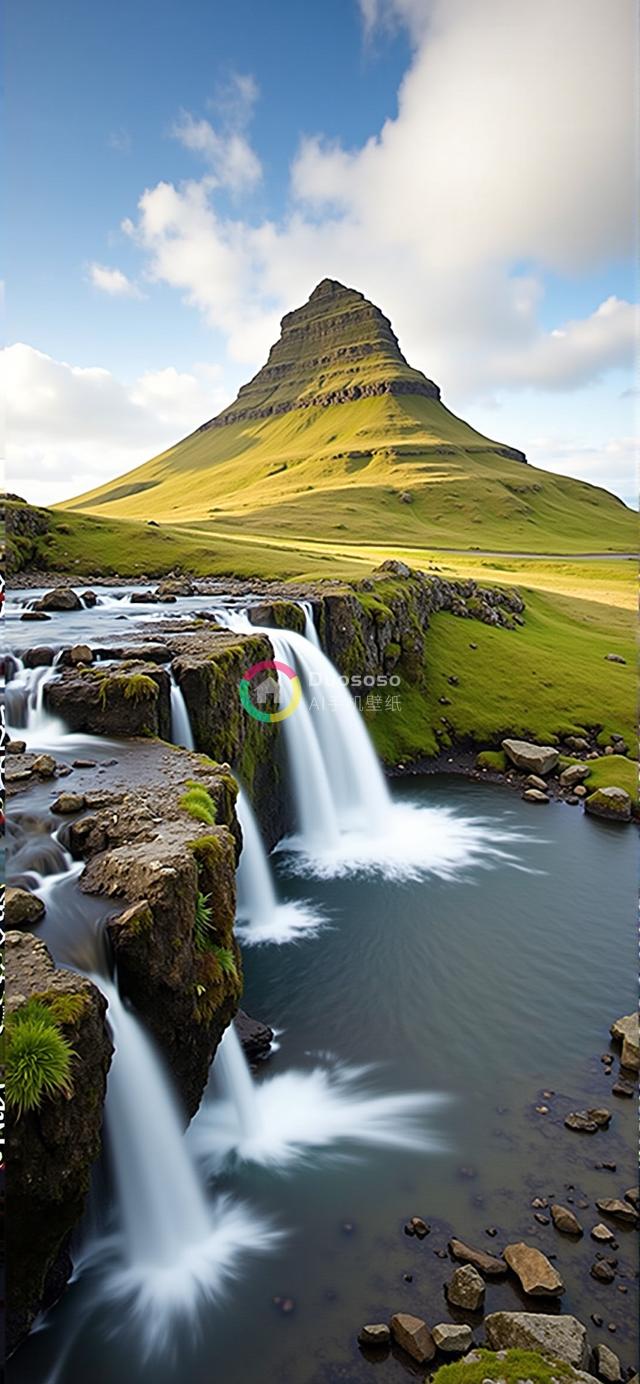 多级瀑布飞跃苔藓岩石，背景壮丽金字塔形山峰，广角视角捕捉宁静与自然之美