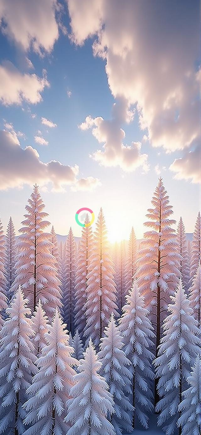 高清雪覆盖松林渲染图：宁静冬日景致与和煦光影