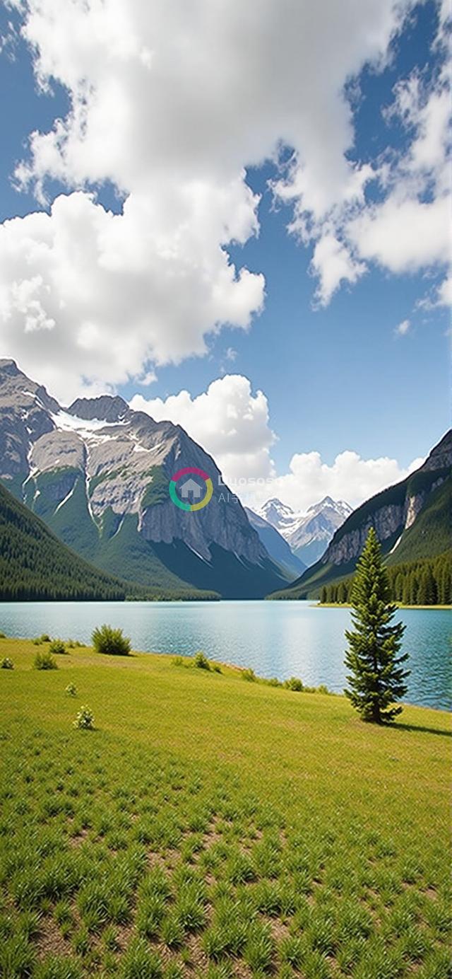 宁静山湖美景：草岸广阔、雪峰巍峨、倒影天空的绝美摄影